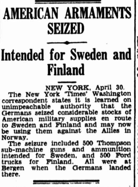 #HitlerStalinPact 'that the Germans seized considerable stocks of American military supplies en route to Sweden and #Finland and may now be using them against the Allies in Norway.
1940, May 2. Daily Mercury
nla.gov.au/nla.news-artic…