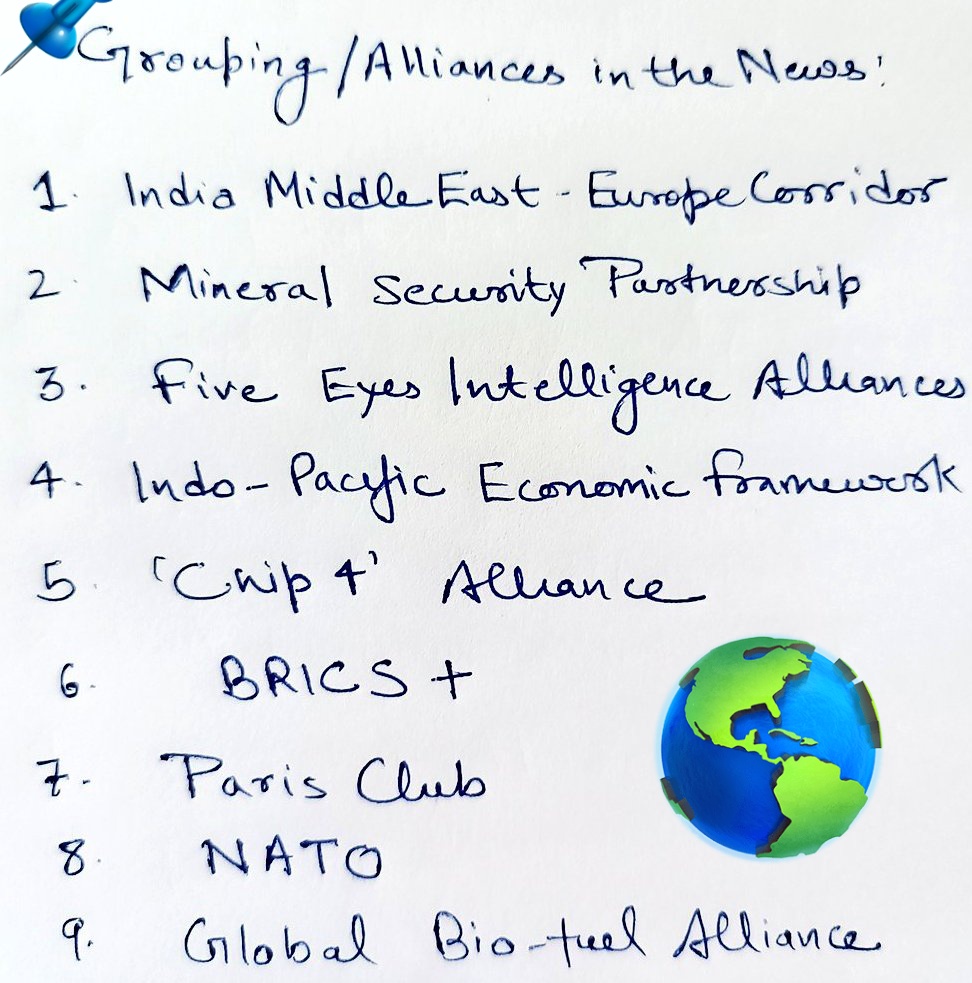 ✅ Groupings, Organisations & Alliances in the News📰

• GPAI-AI
• G-33 
• IMEC 
• MSP🔋
• Five eyes
• IPEF 
• 'CHIP 4' 
• ICC 👨‍⚖️
• Cairn group 
• BRICS + (🇦🇷Argentina rejects❌)
• IAEA (1st Nuclear Energy Summit,  Belgium ☢️)
• NATO (Finland(2023), Sweden(2024))