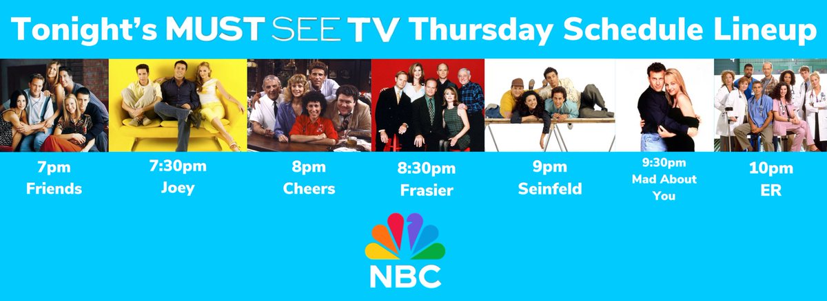What’s on tonight’s #MustSeeTV Thursday we got #Friends, #Joey, #Cheers, #Frasier, #Seinfeld, #MadAboutYou and a bonus drama show #ER so watch it on #NBC starting at 7pm! 🙂😎🕶️🛋️📺
@FriendsTV #FriendsTV @SeinfeldTV @madaboutyoutv #ERTV @nbc #NBCTV