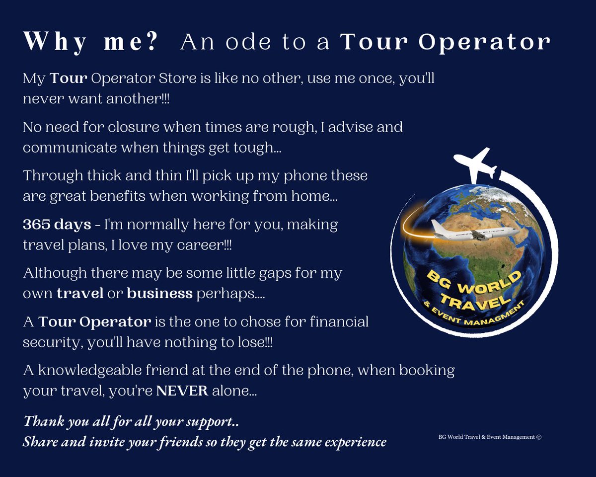 🌍 Why ME?. Ode to a Tour Operator
👉Visit 🌐facebook.com/BGWTEM2024 or Call 📞 01223 641678
#BGWorldTravel #accessibleholidays #deals #disabledholidays #disabledtravel #instatravel #travel #tourism #TravelTuesday  #Follow #like #share #touroperator #travelagent