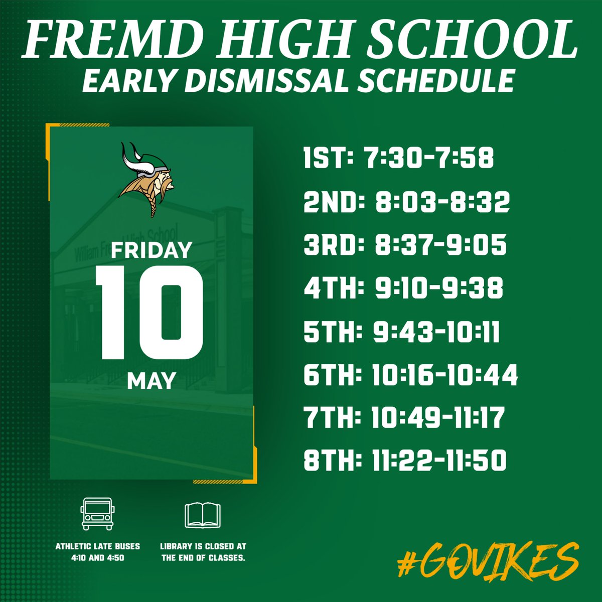 Vikings, tomorrow is an early dismissal. Note the athletic late bus times and that the library is closed at the end of classes.
#FHSSpirit #MightyBraveBold