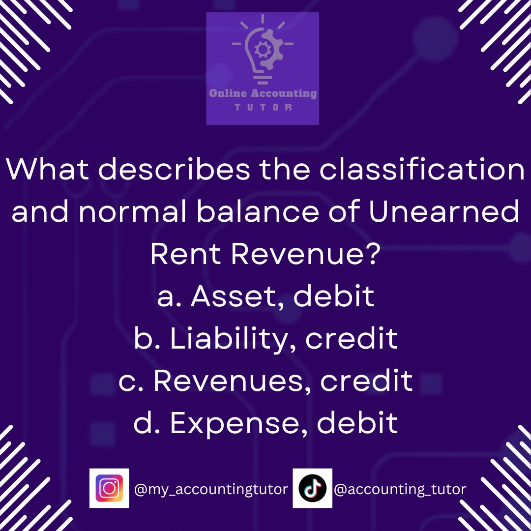 Accounting practice question
What is the normal balance and classification of Unearned Rent revenue?

#accountingstudent #accountingtutor #college #accounting #university #myaccountingtutor #learnaccounting #studentlife