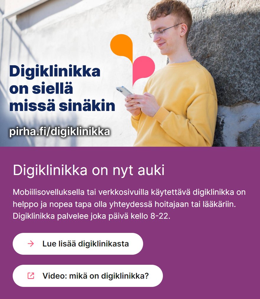 Pasi Lehmus (@pasilehmus) on Twitter photo Pirhan digiklinikka avattiin tänään klo 8. Iltapäivällä (klo 15) palvelussa oli jo 1.322 rekisteröitynyttä käyttäjää ja 395 aloitettua keskustelua. Hyvä pöhinä päällä!
<a href="/Pirha_fi/">Pirkanmaan hyvinvointialue</a> Pirhan digiklinikka avattiin tänään klo 8. Iltapäivällä (klo 15) palvelussa oli jo 1.322 rekisteröitynyttä käyttäjää ja 395 aloitettua keskustelua. Hyvä pöhinä päällä!
<a href="/Pirha_fi/">Pirkanmaan hyvinvointialue</a>
