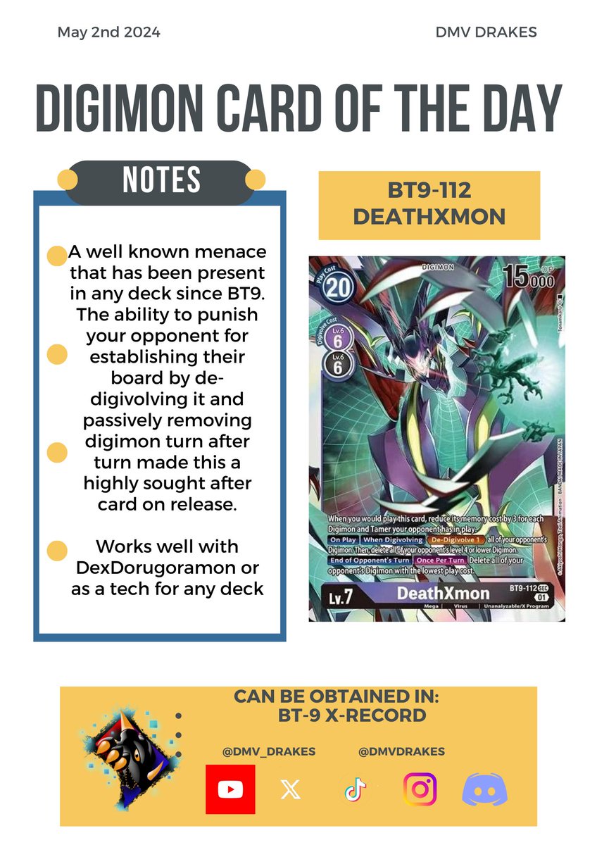 Todays @digimon_tcg_EN Card of the Day:

BT9-112 DeathXmon

#dmvdrakes #everydexforthemselves #cotd #cardoftheday #digimon #digimontcg #digimoncardgame #bt9 #deathxmon #bt15