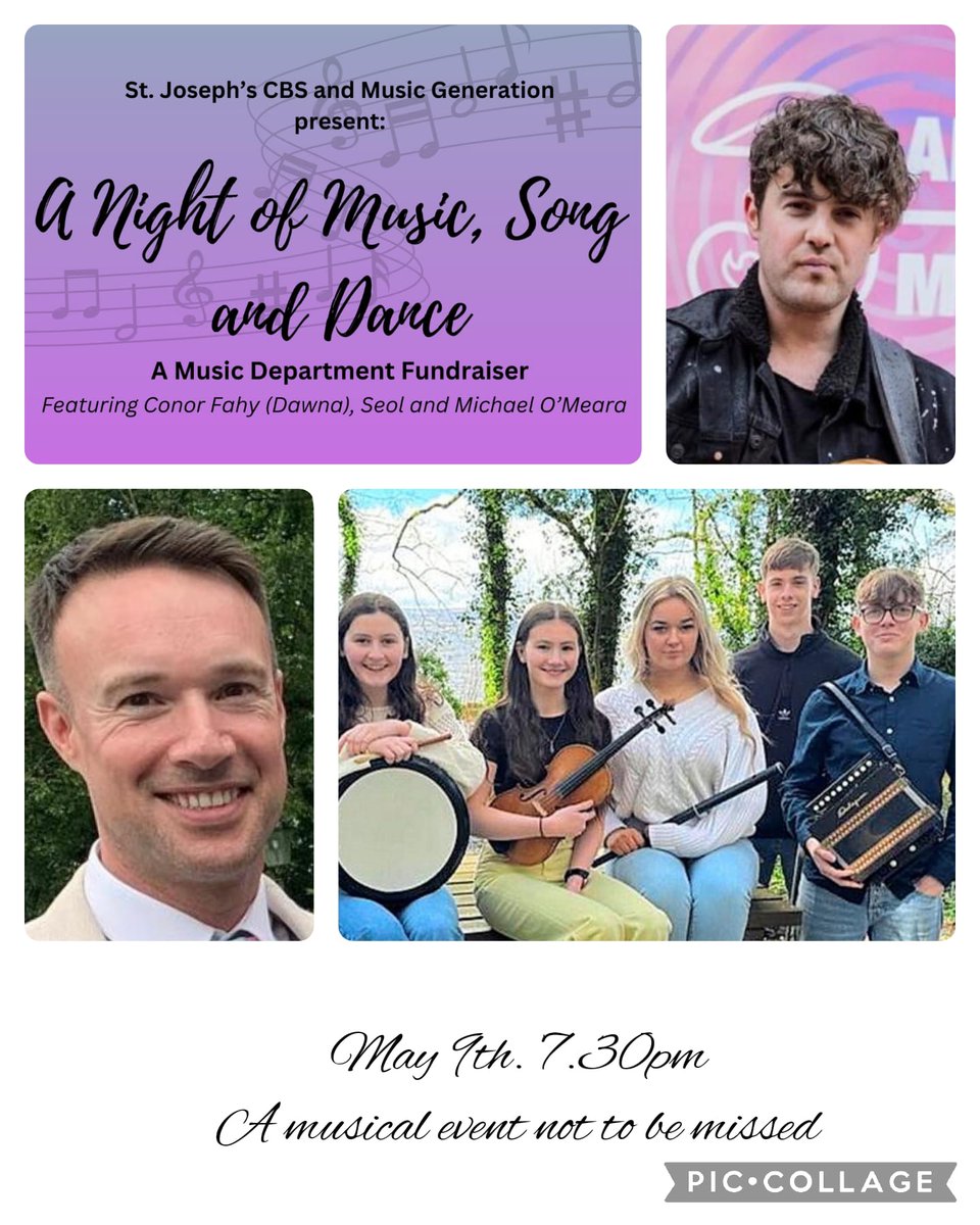 @CBSNenagh Music Department and 'Music Generation' proudly present 'A Night of Music, Song and Dance' on Thursday May 9th at 7:30pm in the school foyer. Tickets are €10 by emailing events@cbsnenagh.com A night not to be missed 🎶