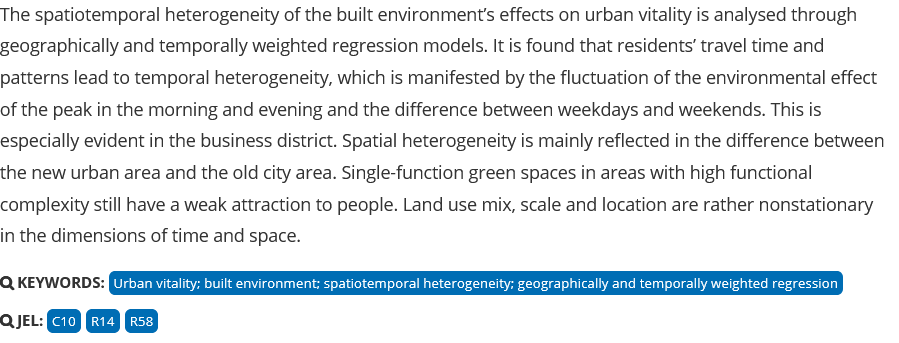 🚨🚨New Article🚨🚨

'Urban vitality and built environment from the perspective of spatiotemporal heterogeneity' by Wanshu Wu, Lei Xu & Kai Zhao.

tandfonline.com/doi/full/10.10…