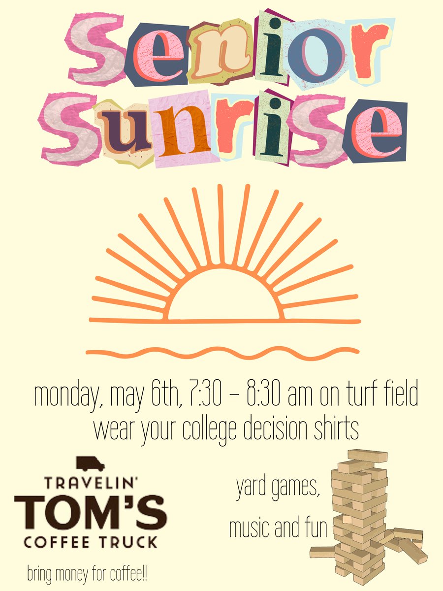 🌅☕️ @MWHSWildcats SENIORS ☕️🌅 The SENIOR SUNRISE will be held on Monday, May 6 from 7:30 - 8:30 a.m. on Wildcat Field. Travelin' Tom's Coffee Truck will be on site. Remember to wear your decision shirts. @MWHSactivities @getiemann