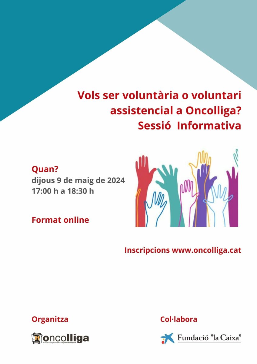 🚨Si ets una persona voluntària t'esperem a la sessió informativa de Voluntariat assistencial a Oncolliga.
· 📆: Dijous 9 de maig de 2024
· ⌚: 17 a 18.30 h
· 📍: En línia
· 🎟️Cal inscripció en aquest enllaç: forms.gle/oUmdaTotVBRqyP…

@fundlacaixa #cateaps #finaldevidafundlacaixa