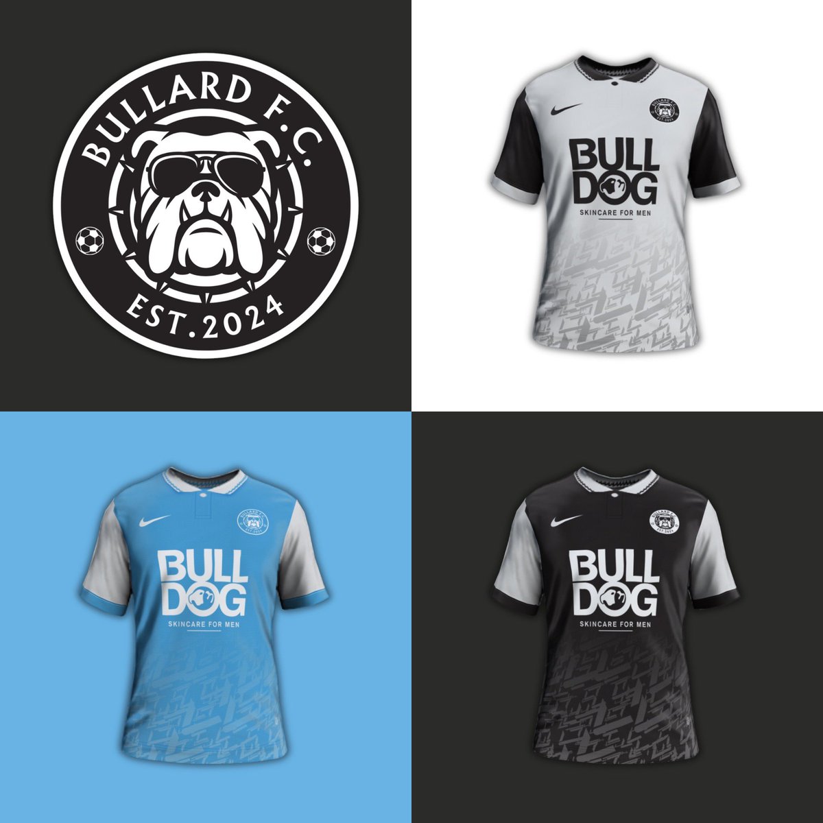 Decided to have a go at creating a logo and set of kits for @FCBullard. Smart and classy is what I went for! 👕 #LogoDesign #KitDesign