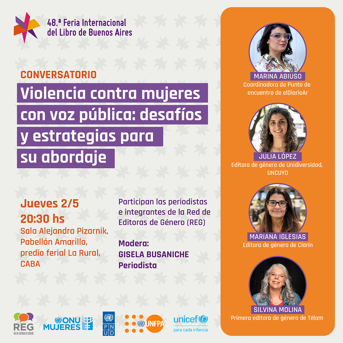 ¡Llegó el día! 🙌

Hoy te esperamos en la @ferialibro📚 de Buenos Aires junto a @UNICEFargentina, @ONUMujeresArg, @PNUDArgentina y @GeneroRed para conversar sobre la #ViolenciaDigital y su impacto en el ejercicio de la libertad de expresión y en la calidad de las democracias.