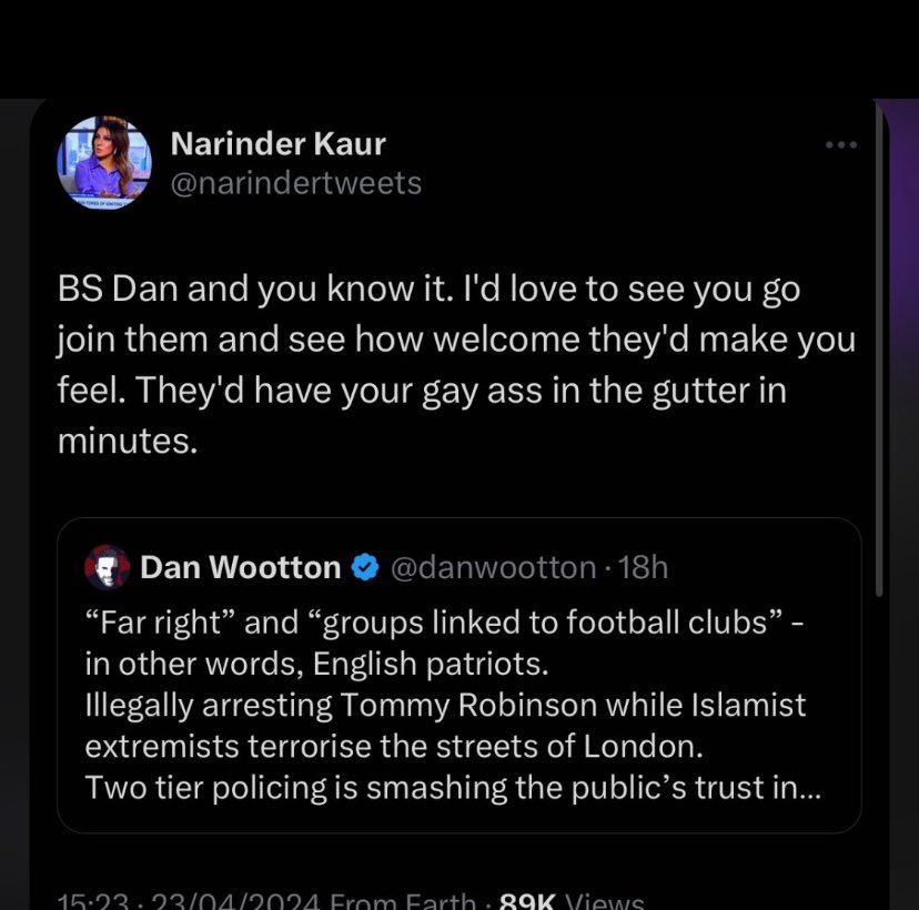 Now I have just stolen a post off @misspaulalondon and wanted to show my followers this. Talk shows like @GBNEWS and @TalkTV give this disgraceful woman @narindertweets a platform. She is racist and constantly abuses people and now cry’s when she gets it back from @LozzaFox