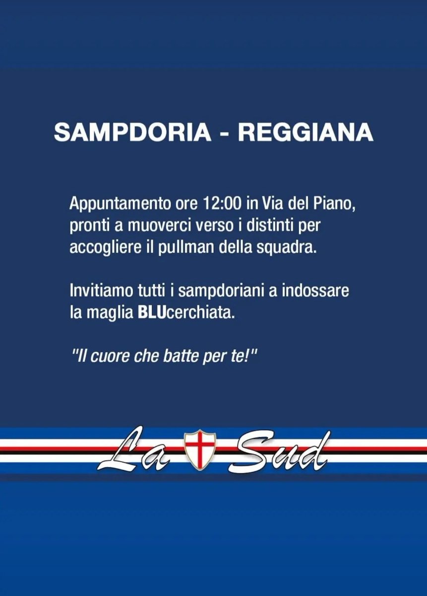 L'appello della Sud per domenica. Tutti presenti per incitare i ragazzi e raggiungere l'obiettivo. Per me sei devastante❤️. 🔵⚪🔴⚫⚪🔵 #Sampdoria #SerieB