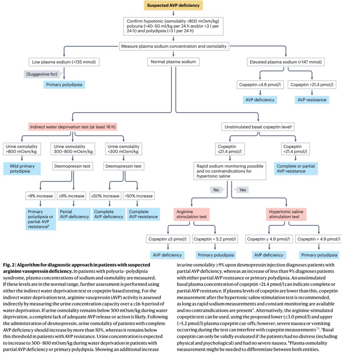 Algoritmo diagnóstico para la sospecha de deficiencia de hormona AVP (inicialmente confirmar existencia de hipotonicidad, poliuria y polidipsia) 

📚 Nature Reviews Endocrinology - 2024.
doi: doi.org/10.1038/s41574…