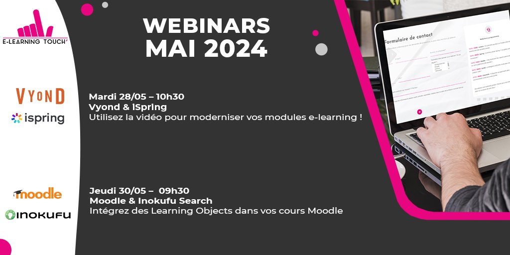 E-learning Touch' (@elearningtouch) on Twitter photo 🎧 Webinars du mois de mai 🎧
Nos webinars sont totalement gratuits. N’hésitez pas à nous demander une démo sur la solution de votre choix !
Inscrivez-vous ici ➡️ elearningtouch.com/nous-contacter…
#elearning #digitallearning #lms #rapidlearning #ElearningBoulevard <a href="/moodle/">Moodle | Online learning, delivered your way.</a> 🎧 Webinars du mois de mai 🎧
Nos webinars sont totalement gratuits. N’hésitez pas à nous demander une démo sur la solution de votre choix !
Inscrivez-vous ici ➡️ elearningtouch.com/nous-contacter…
#elearning #digitallearning #lms #rapidlearning #ElearningBoulevard <a href="/moodle/">Moodle | Online learning, delivered your way.</a>