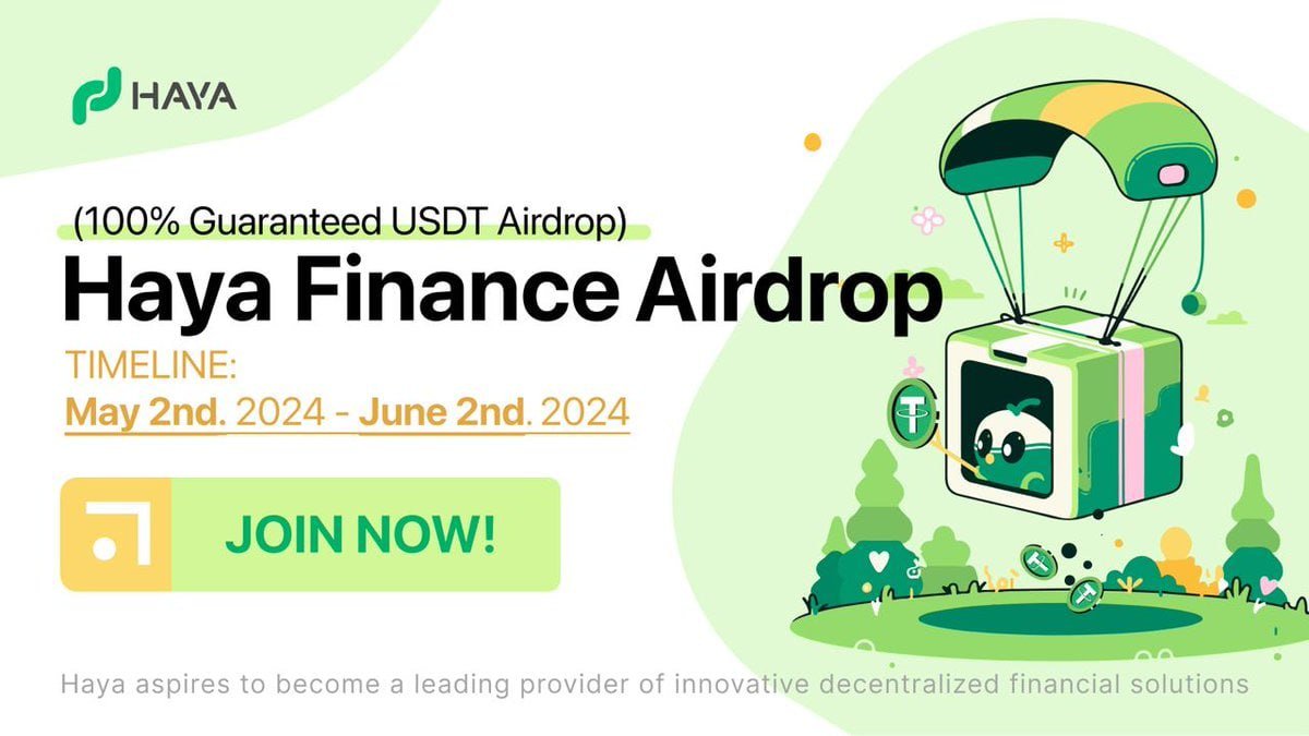 New #airdrop: HayaFinance (Guaranteed USDT)
Reward: 2 USDT
News: Guaranteed
Distribution date: June 8th

🔗Airdrop Link: t.me/HayaFinanceAir…

The top 100 referrals will each get more USDT

Note: This airdrop is guaranteed to be distributed to winners before June 8th
#Airdrop6