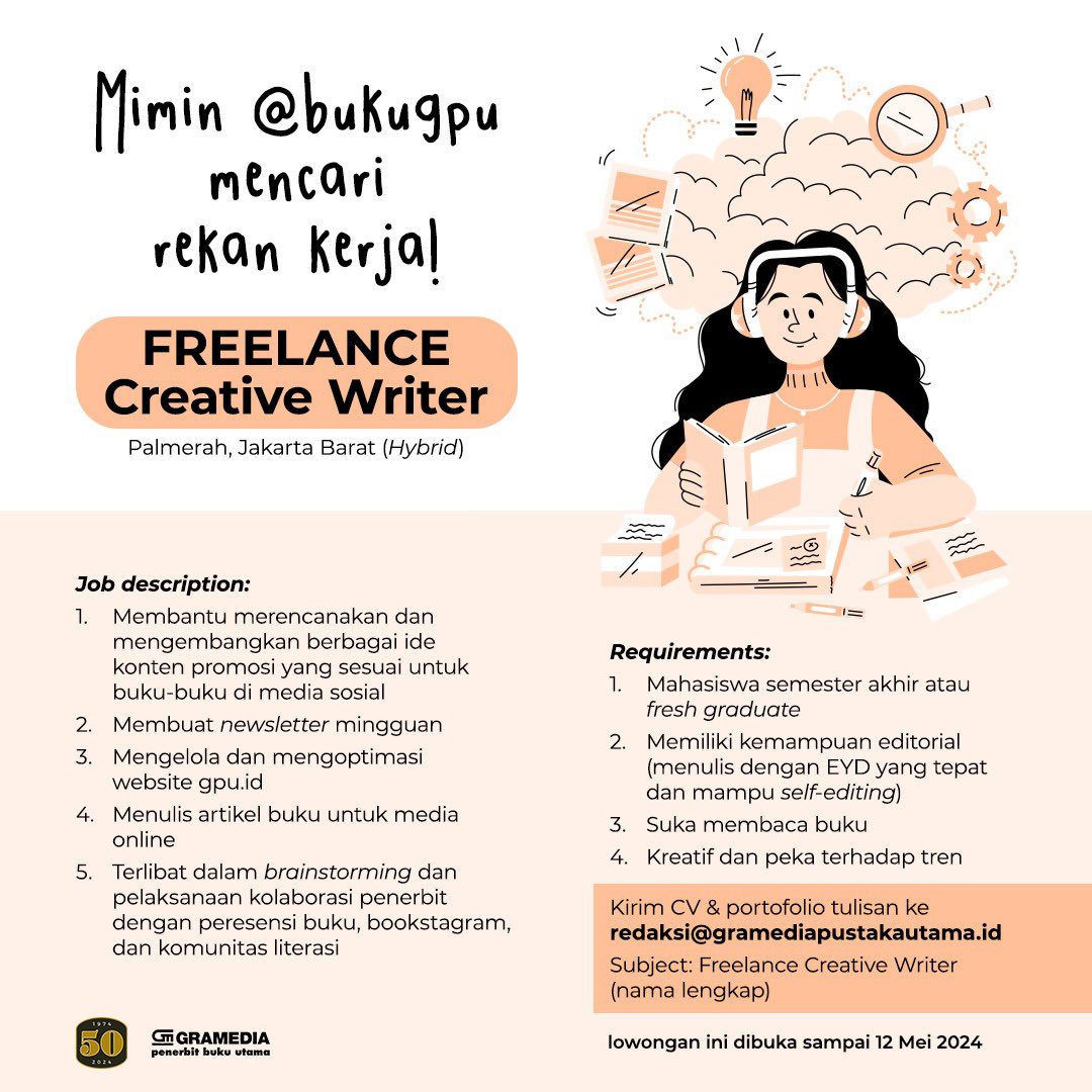 🚨 Lowongan Kerja FREELANCE 🚨
Mimin GPU mencari rekan kerja, langsung aja submit! Lagi butuh cepat 😊 yang minat silakan merapat 👩🏻‍💻👨🏻‍💻 #bukugpu #GramediaPustakaUtama