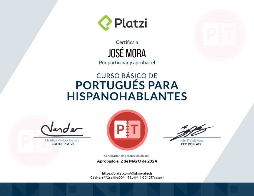 ¡Aprobé el Curso Básico de Portugués para Hispanohablantes en @Platzi! #NuncaParesDeAprender platzi.com/p/jdmoratech/c…