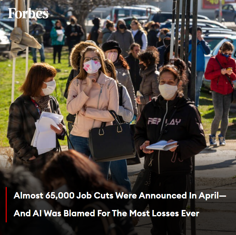 Nearly 65,000 people were cut from their jobs at #US-based companies in April, with continued cuts in the technology sector, a large layoff at #Tesla, and the replacement of jobs by #AI largely to blame. #Forbes For more details: 🔗on.forbesmiddleeast.com/4q06