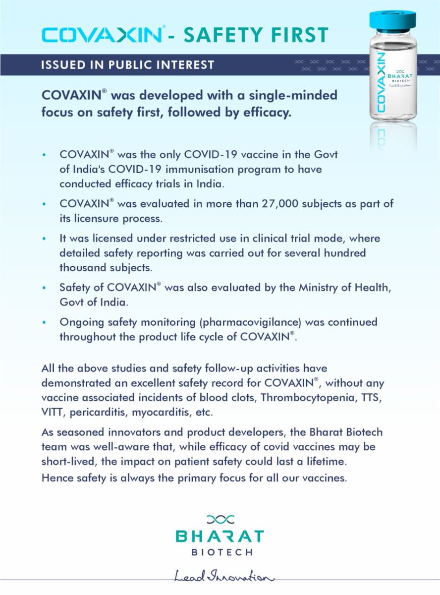 Bharat Biotech announcement - COVAXIN was developed with a single-minded focus on safety first, followed by efficacy!