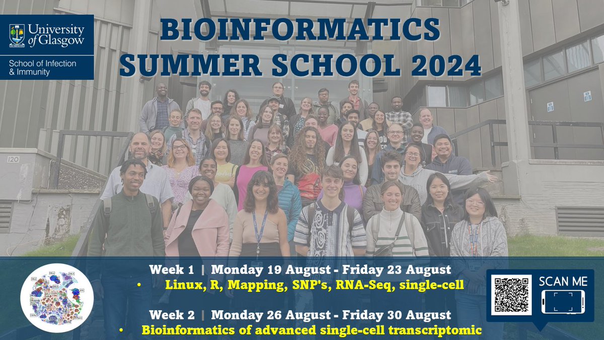 🆕 | Applications are open for our annual Glasgow Bioinformatics Summer School!

Interested in learning bioinformatics or don’t know where to start? 

Sign up to our comprehensive coding bootcamp, beginning on Monday 19 August 2024.

⏳ Monday 1 July

🔗gla.ac.uk/schools/infect…