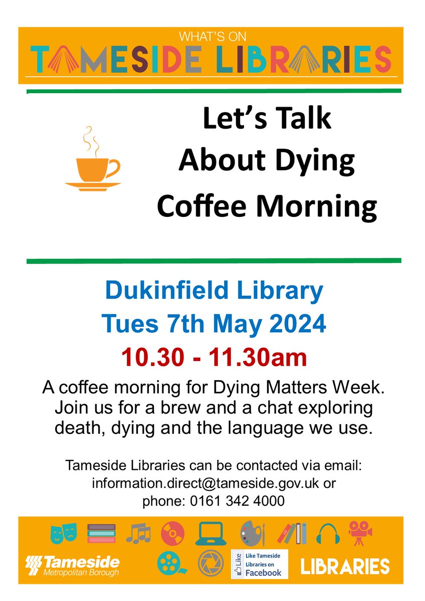 Join us on our coffee morning for Dying Matters Week🧡 Come along for a brew and a chat exploring death, dying and the language we use☕ 📆 Tue 7 May 🕓 10:30am - 11:30am 📍 Dukinfield Library, SK16 4DB