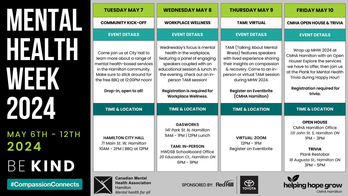 May has opened it's doors to spring & we will be opening ours for #MHWeek2024. Still an opportunity to register for our workplace mental health event on Wednesday or checkout our open house on Friday. All brought to you by @redhilltoyota!! For info visit cmhahamilton.ca/events