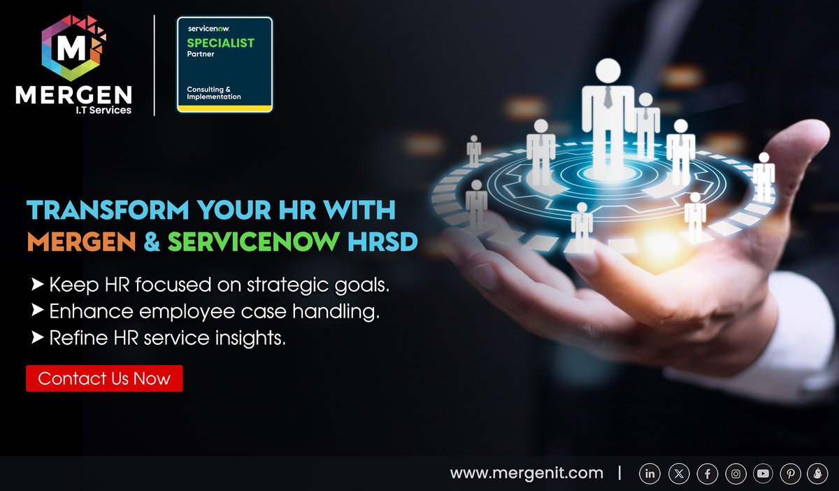 Revolutionize HR with Mergen & ServiceNow HRSD! 🚀 Slash manual tasks, smooth out case management, and sharpen analytics for strategic insights. Step into a smarter workplace today. #HRInnovation #ServiceNowHRSD #EfficientHR #MergenTech #DigitalHR