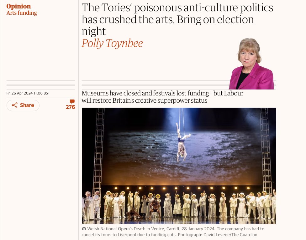 Excellent article by @pollytoynbee '... state spending shows no other investment where minuscule sums offer such enormous returns. That’s without pricing in local pride&regeneration & the educational, emotional & psychological benefits–or the sheer human value in the art itself'