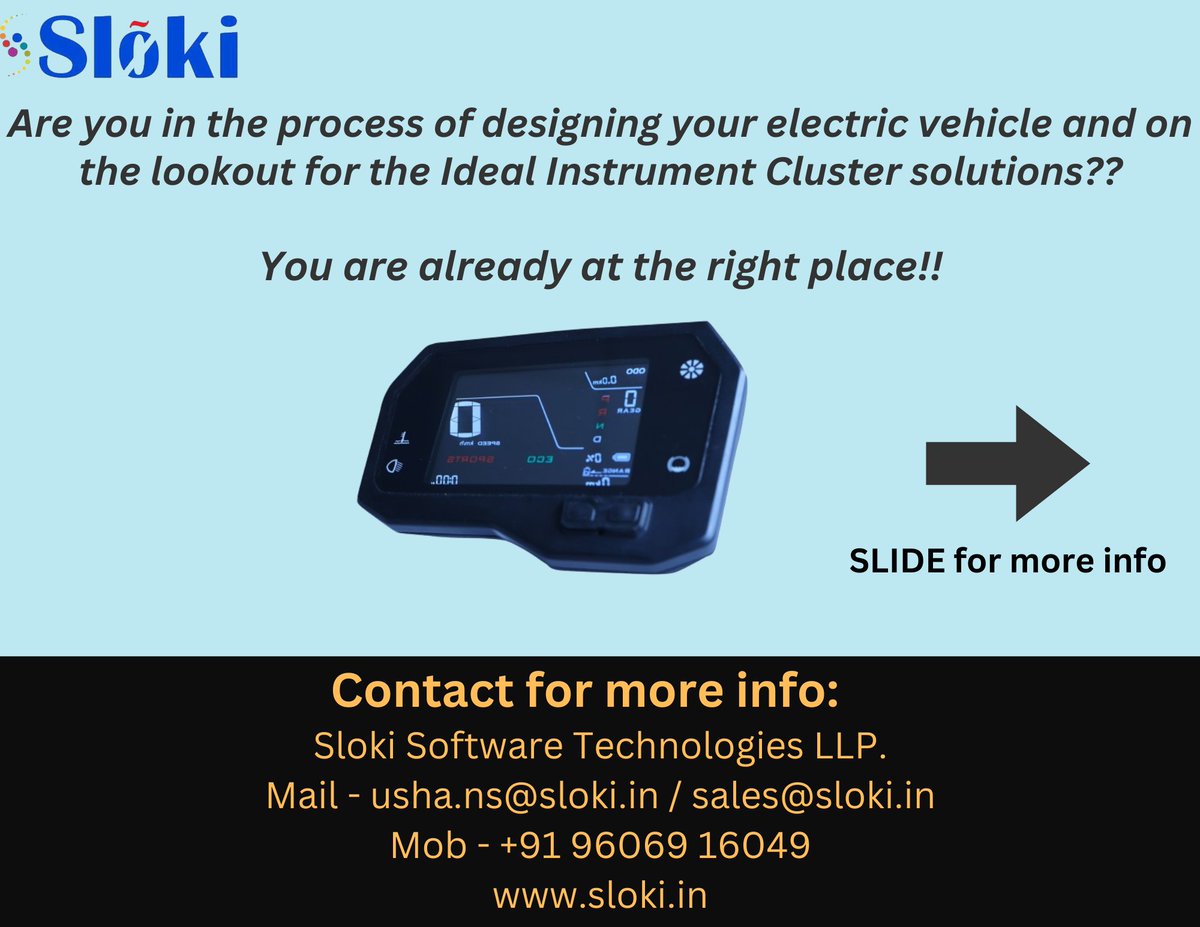 SlokiTechTeam's tweet image. Look at our Rectangular Model Instrument Cluster for your 2/3 wheeler Electric vehicle.

Best in the Market with the right features incorporated, filling the needs of an Ideal Instrument Cluster.
Let&apos;s Connect and Discuss how we can support you with our best Production Timeline!