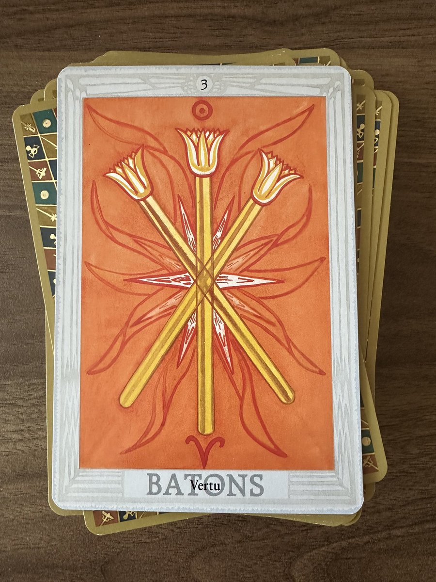 Thursday Vibes: Virtue. Body, Mind, and Spirit are in harmony. Although outcomes are never entirely clear, all movement on the path appears balanced & promising. Stay the course. Avoid unnecessary suffering caused by resistance to the flow. #ThreeOfWands Thoth #Tarot