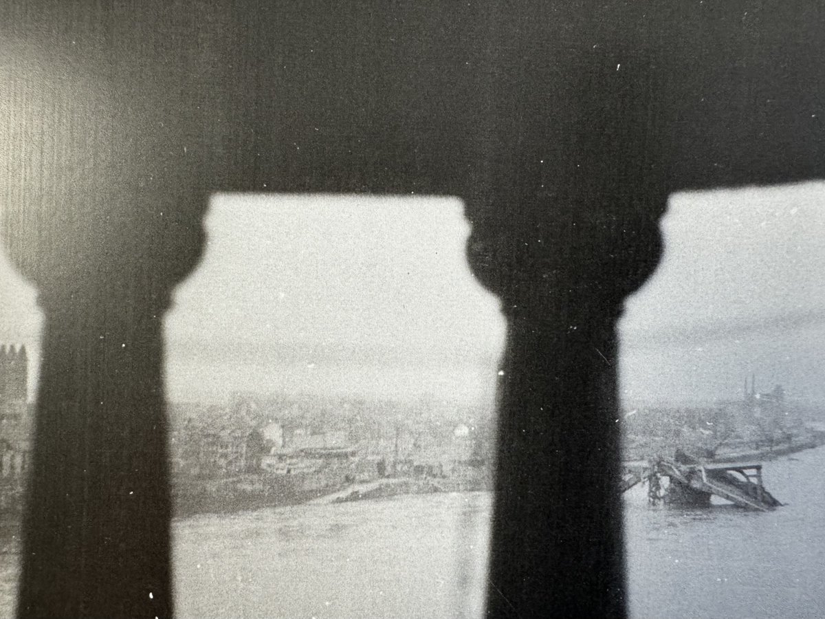 On the Hohenzollern Bridge, Koln, with the far bank of the Rhine held by German troops, 7 Mar 1945. Snipers in the bridge tower, looking toward the German-occupied east bank. From the papers of Patrick Dalzel-Job, Royal Navy Commando Advanced Unit (No.30). #ww2 #commando #koln