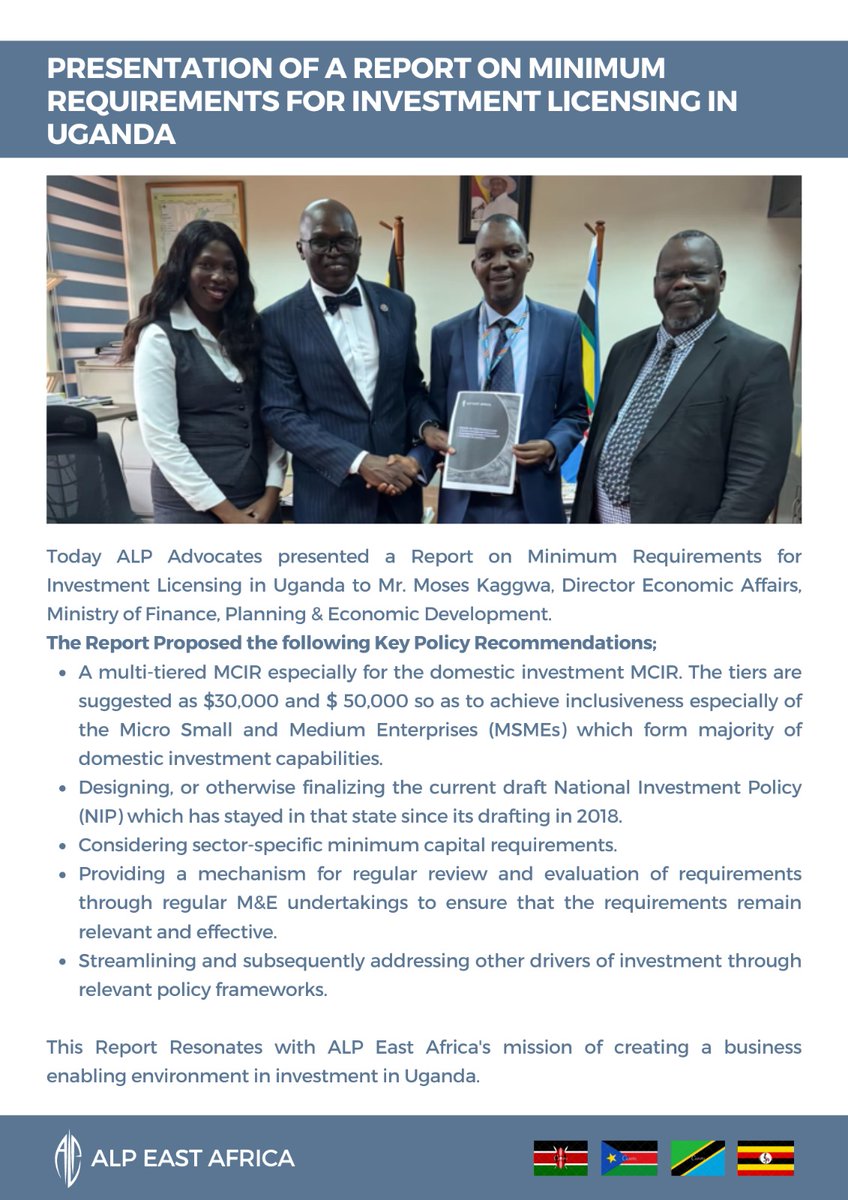 Today ALP Advocates presented a Report on Minimum Requirements for Investment Licensing in Uganda to the @mofpedU . The report proposed key policy recommendations which you can access by clicking the following link: alp-ea.com/wp-content/upl… Read full story below 👇