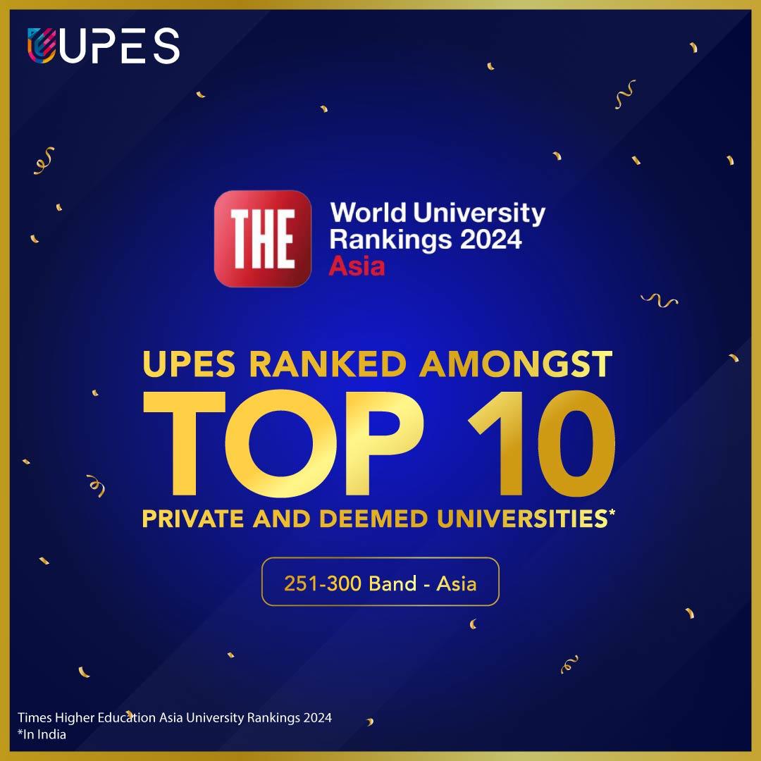 Big Announcement 📣 We are delighted to announce that we have been ranked amongst the Top 10 private and deemed universities in India by the Times Higher Education (THE) Asia University Rankings 2024. 🏅 #UPES #UPESDehradun #UniversityOfTomorrow #announcement #ranking #leaders