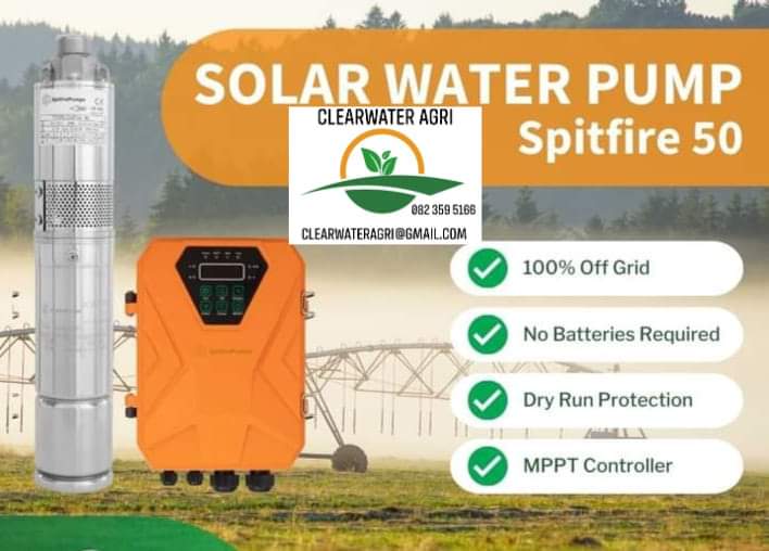 Introducing Spitfire 50 - R 6100 . 00 ‼️ Your Ultimate Solar-Powered Pump!  ☀️💧 Say goodbye to batteries and grid reliance with this DC pump, featuring a brushless motor and MPPT controller. 🌞⚡ Get your daily water needs met in the 4-7 hours of daily sunshine.