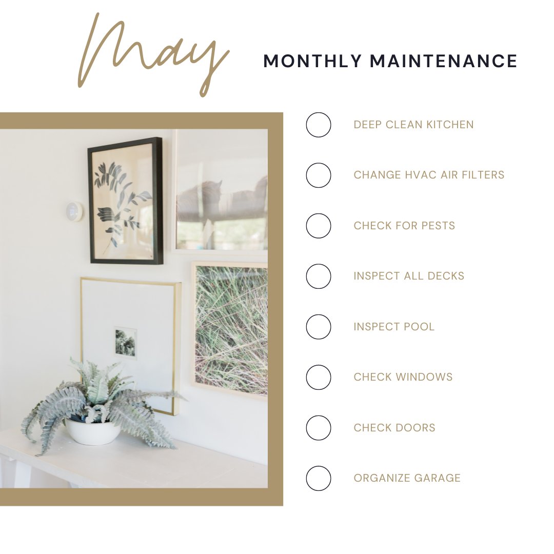 🏠☀️Your May, Monthly Home Maintenance Tips! 🛠️

Keep your humble abode in top shape! 🌟 These are all simple tasks that go a long way in protecting your home. Happy maintaining! 😊 

**Screenshot this and save it for your cleaning time
.
.
.
.
.
.
#HomeMaintenance  #HappyHome