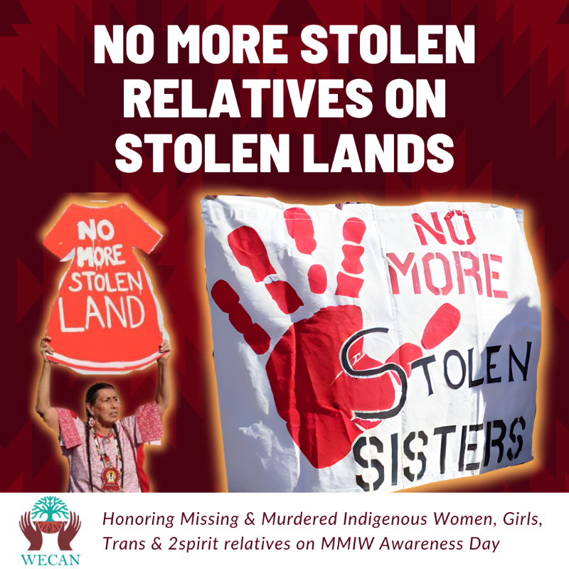 Today is Missing and Murdered Indigenous Women's Awareness Day. We must end violence against the land, and violence against women. Let's stand together and demand justice and healing. There should be no more stolen sisters on stolen lands.