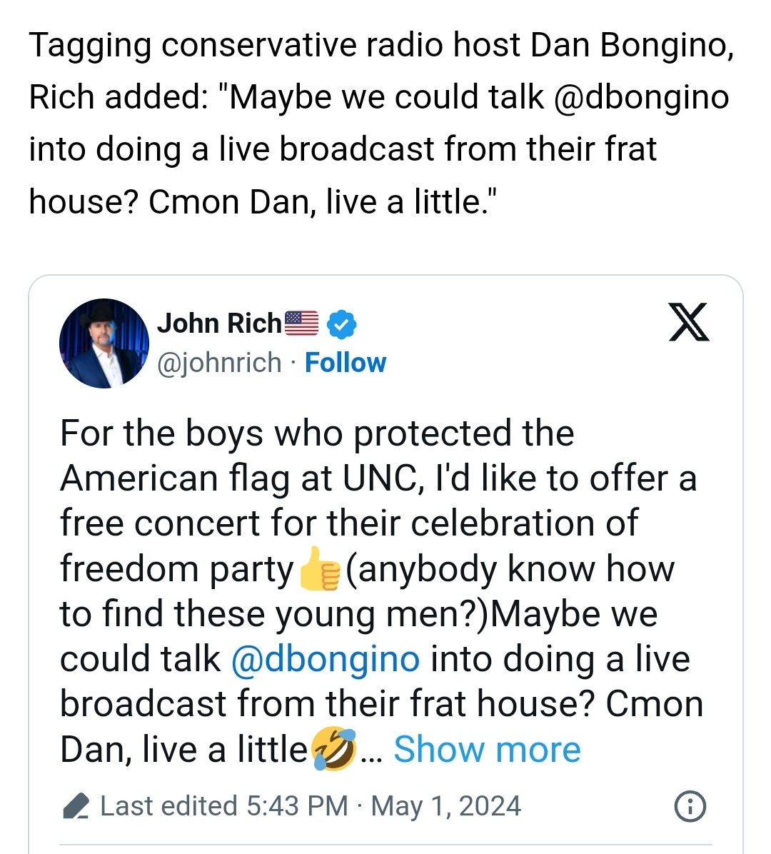 John Rich sends a great note to Dan Bongino. The patriotic protection of our American Flag by these University Frat Boys, is gaining additional viral attraction. ❤