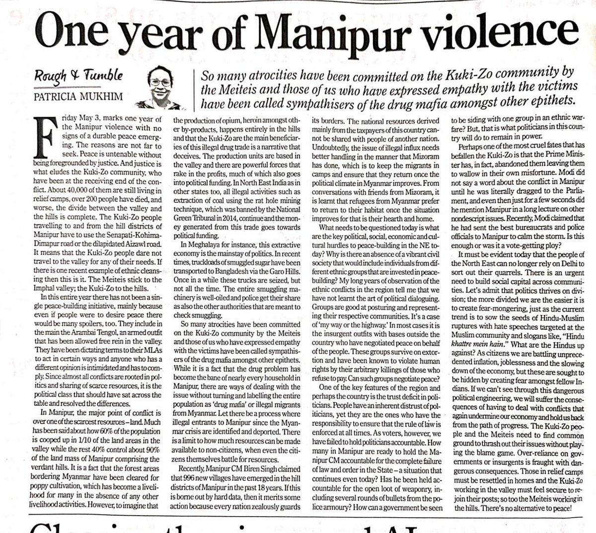 '...the people of Northeast can no longer rely on New Delhi to sort out their quarrels. There's urgent need to build social capital across communities. The Kuki-Zo people and the Meiteis need to find common ground to thrash out their issues without playing the blame game'@meipat