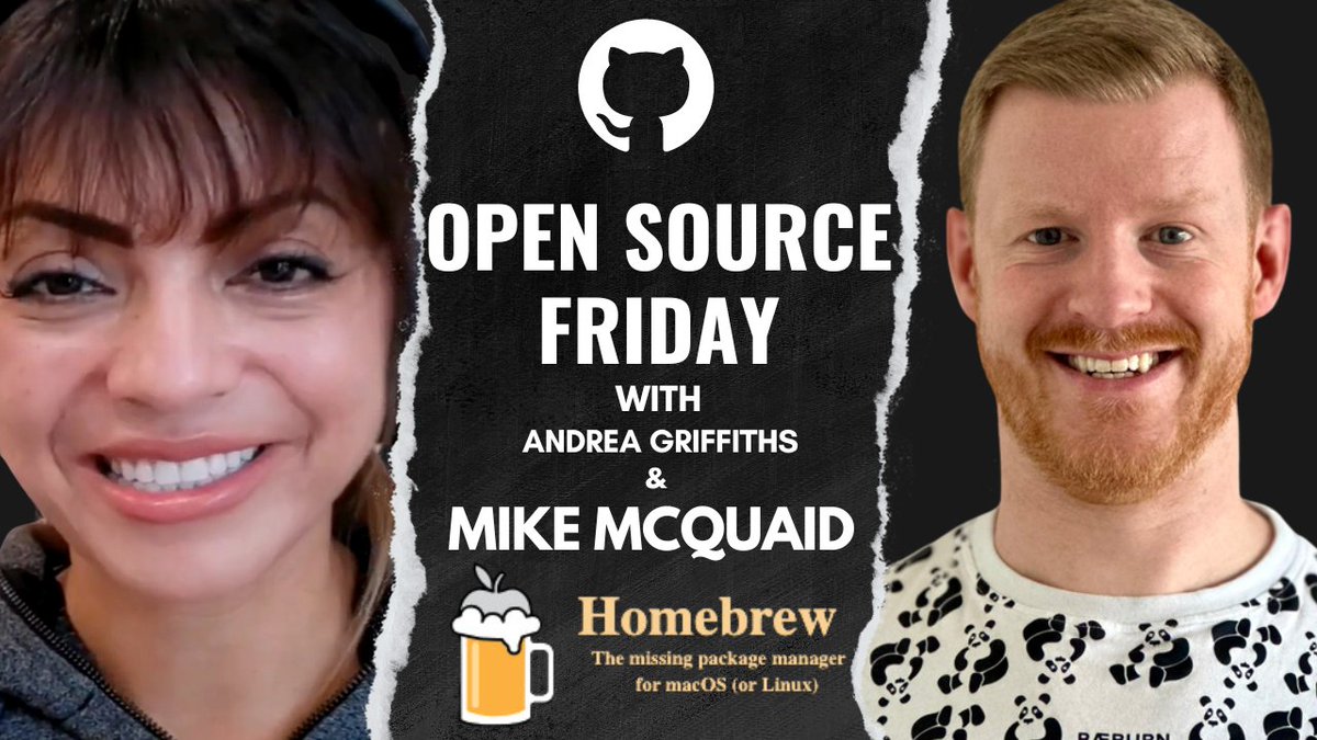 github's tweet image. This #OpenSourceFriday, join @MikeMcQuaid and @ALAColombiaDev to talk Homebrew! 🍺 Learn about the challenges, triumphs, and future of the popular package manager for macOS and Linux. 💡

🗓️ Fri, May 3, 2024, 11am EST
📺 Watch: gh.io/homebrew