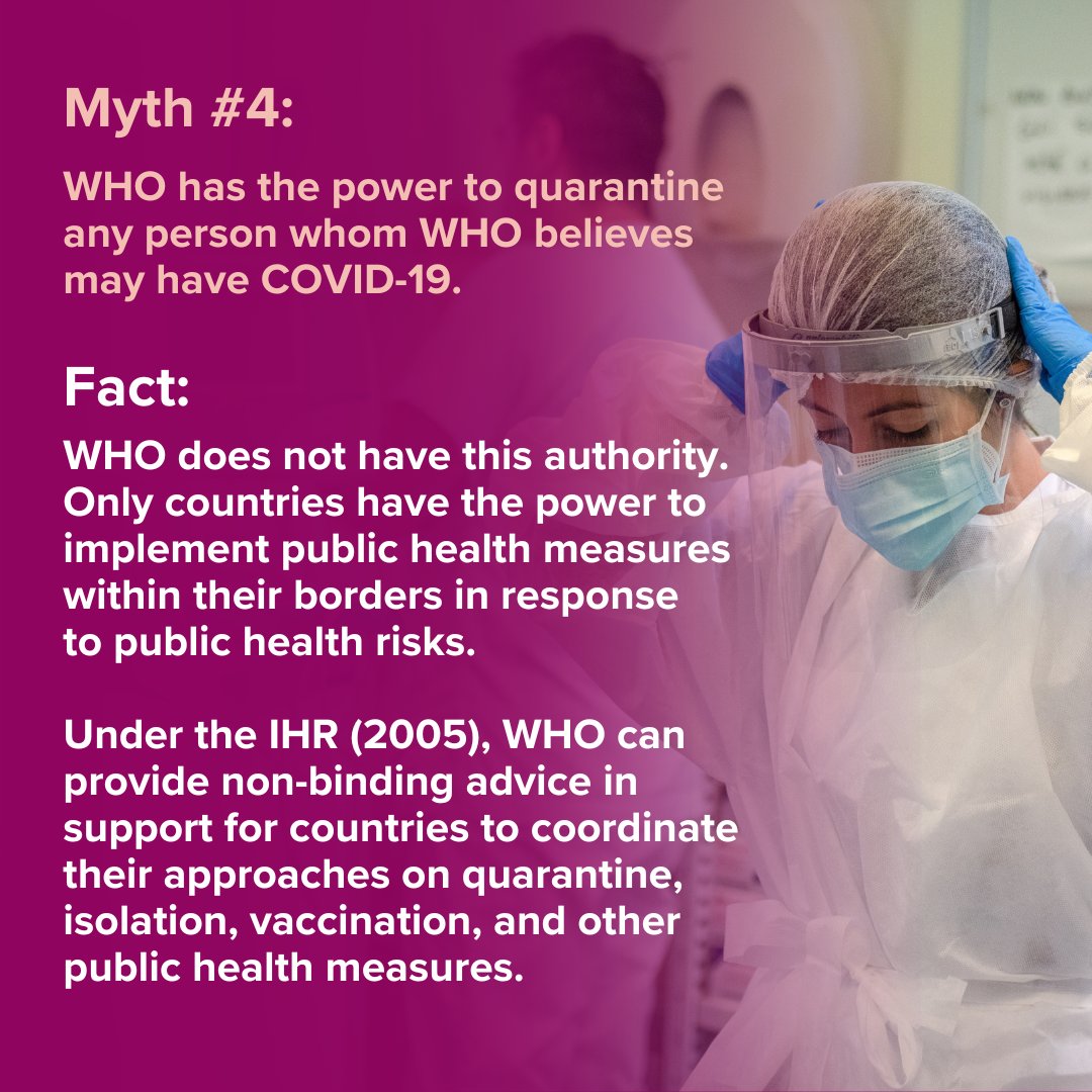 📢#PandemicAccord - Debunking the myths.

🔴Myth: WHO has the power to quarantine any person whom WHO believes may have #COVID.

❌False.

✅ Fact: WHO doesn't have this authority. No international body has this authority. Only countries possess this power to exercise.