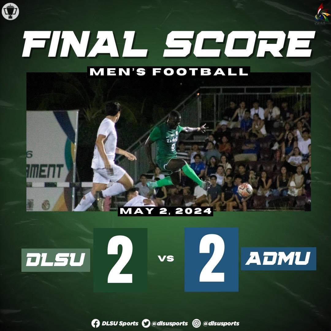 The DLSU Green Booters draw against the Ateneo Men's Football Team in their final game of the #UAAPSeason86, 2-2.

Despite coming up short of the Final Four, the Lasallian Community is proud of you! 💚

#FuelingTheFuture
#GreenAllIn4TheWin #GoLaSalle
#AnimoLaSalle #DLSUSports