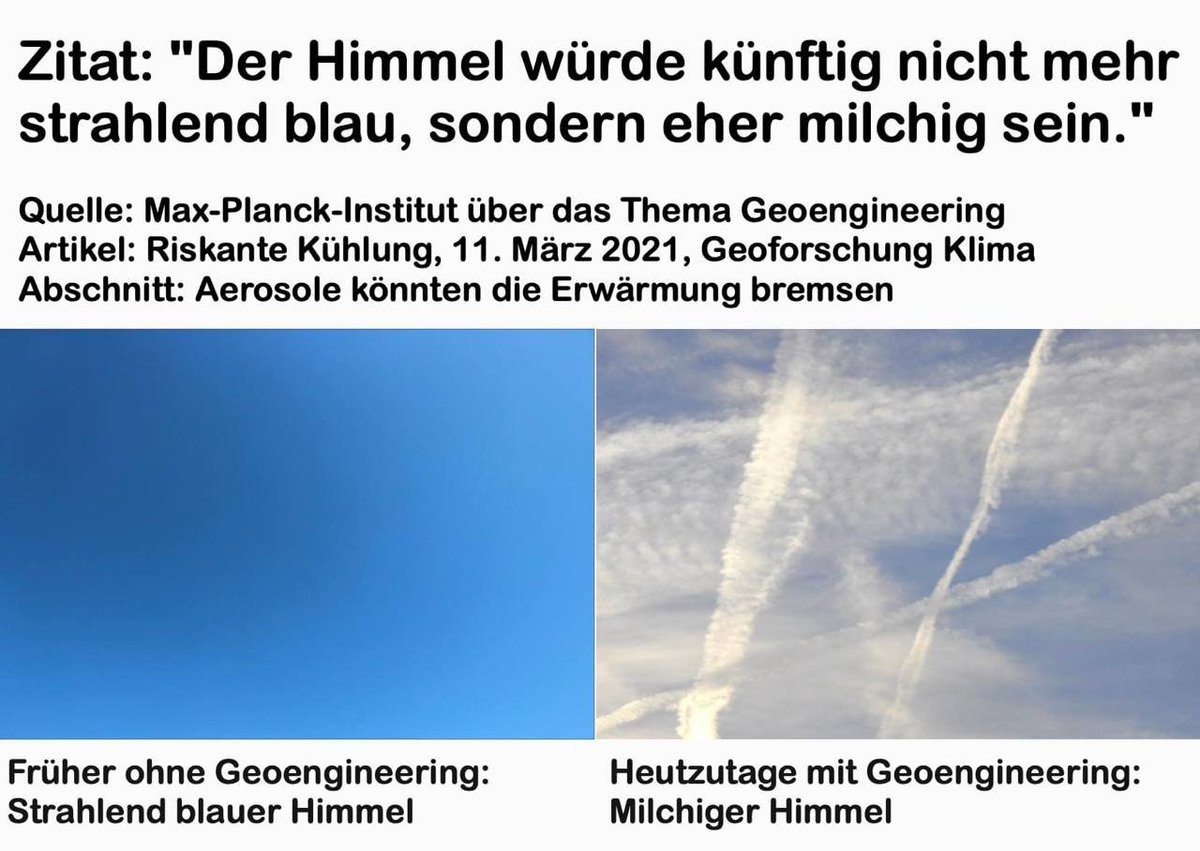 🔺'Das Max-Planck-Institut in einem Artikel über Geoengineering und das Ausbringen von Aerosolen in der Atmosphäre: 'Der Himmel würde künftig nicht mehr strahlend blau, sondern eher milchig sein.' (Quelle siehe weiter unten) Also, der milchige Himmel sehen wir nun schon seit…