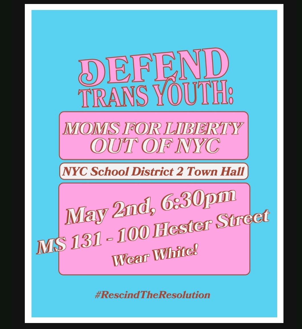 Short notice I know.  Get Mom's For Liberty out of #NYC schools. 
#rescindtheresolution #protecttranskids #TransRightsAreHumanRights