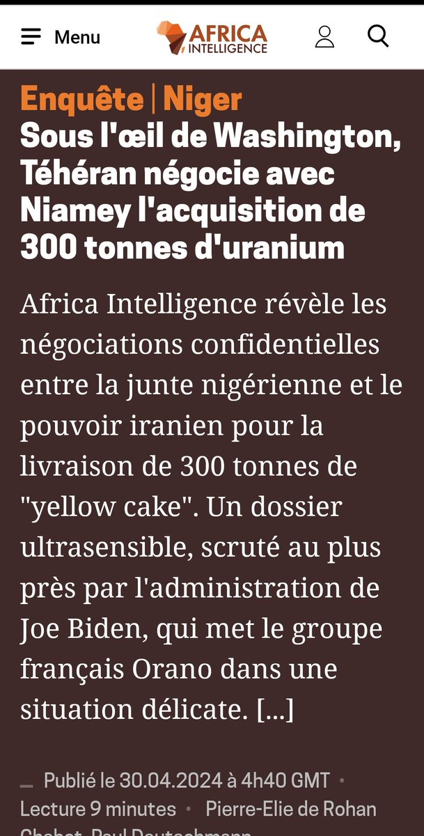 Tehran is negotiating with Niamey/Niger to purchase 300 tons of uranium under Washington's supervision African Intelligence has revealed secret negotiations between the Nigerian junta and the Iranian government for the delivery of 300 tons of 'yellow cake'. @Africa_In_EN