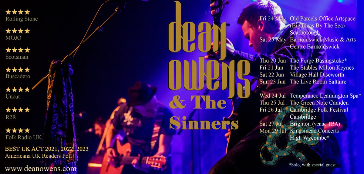 UK tour dates for @deanowens1 & The Sinners.
Starting with #Scarborough and #Barnoldswick 24, 25 May. Lots more in Jun, July inc @StablesMK  @GreenNote @CamFolkFest
More TBA
#London #Saltaire
Artist of the Year '21, '22, '23: @americanaUK
Links, details at deanowens.com/live