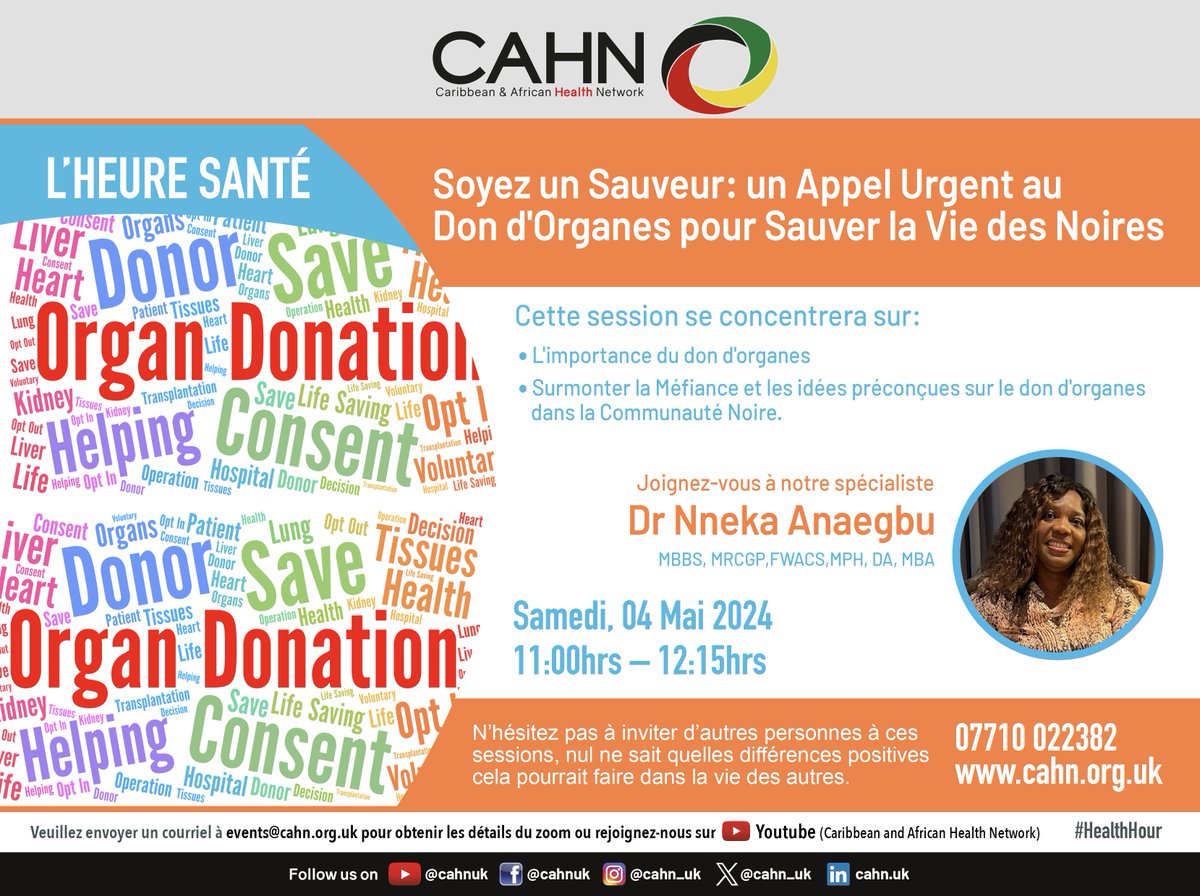 Avez-vous déjà pensé à être un donneur ?Samedi, 11h, #HealthHour, clarifie les idées reçues sur la #DonD'Organes. Découvrez l'impact de sauver des vies de notre clinicienne noire, Dr. Nneka. portal.cahn.org.uk/healthhour