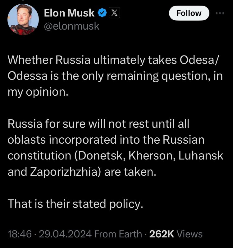 This is @elonmusk amplifying Kremlin's propaganda!

Russia's primary propaganda has from the start been 'Ukraine cannot win'. They continue to try to convince you of this, since #Russia can only win if we in the west stop supporting #Ukraine️ . 

And #ElonMusk is helping them.