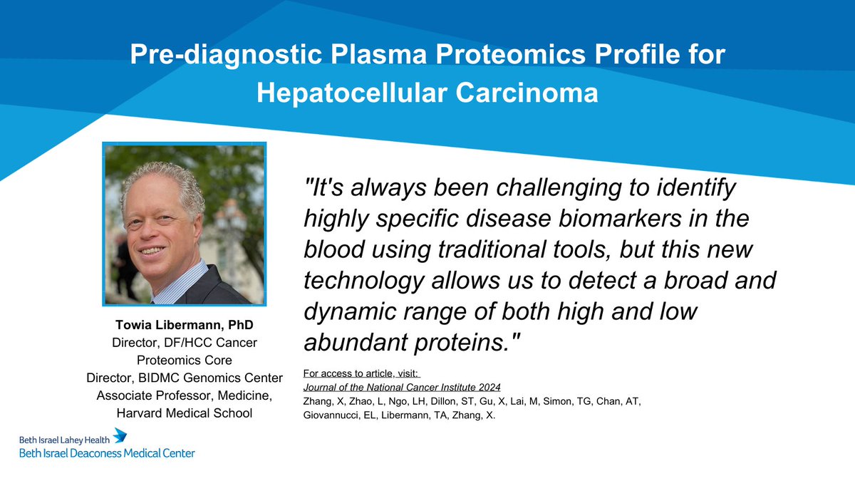 📢#CancerResearch Spotlight➡️@JNCI_Now: Pre-Diagnostic Plasma #Proteomics Profile for #HepatocellularCarcinoma, feat. senior researcher Towia Libermann, BIDMC. Proteins detectable in blood could improve predictions about #LiverCancer risk➡️@medical_xpress: bit.ly/3Wpk3M1