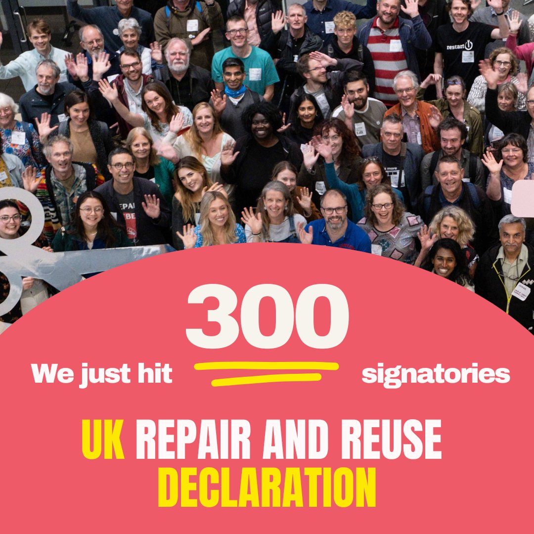 This is huge! The #UKRepairReuseDeclaration has reached 300 signatories - including 17 MPs!🎉 🔧⁠
⁠
Do you want a real #RighttoRepair in the UK? 

Ask your local politician to sign ✒️ or invite them to our event at parliament next week: tinyurl.com/mp-invite