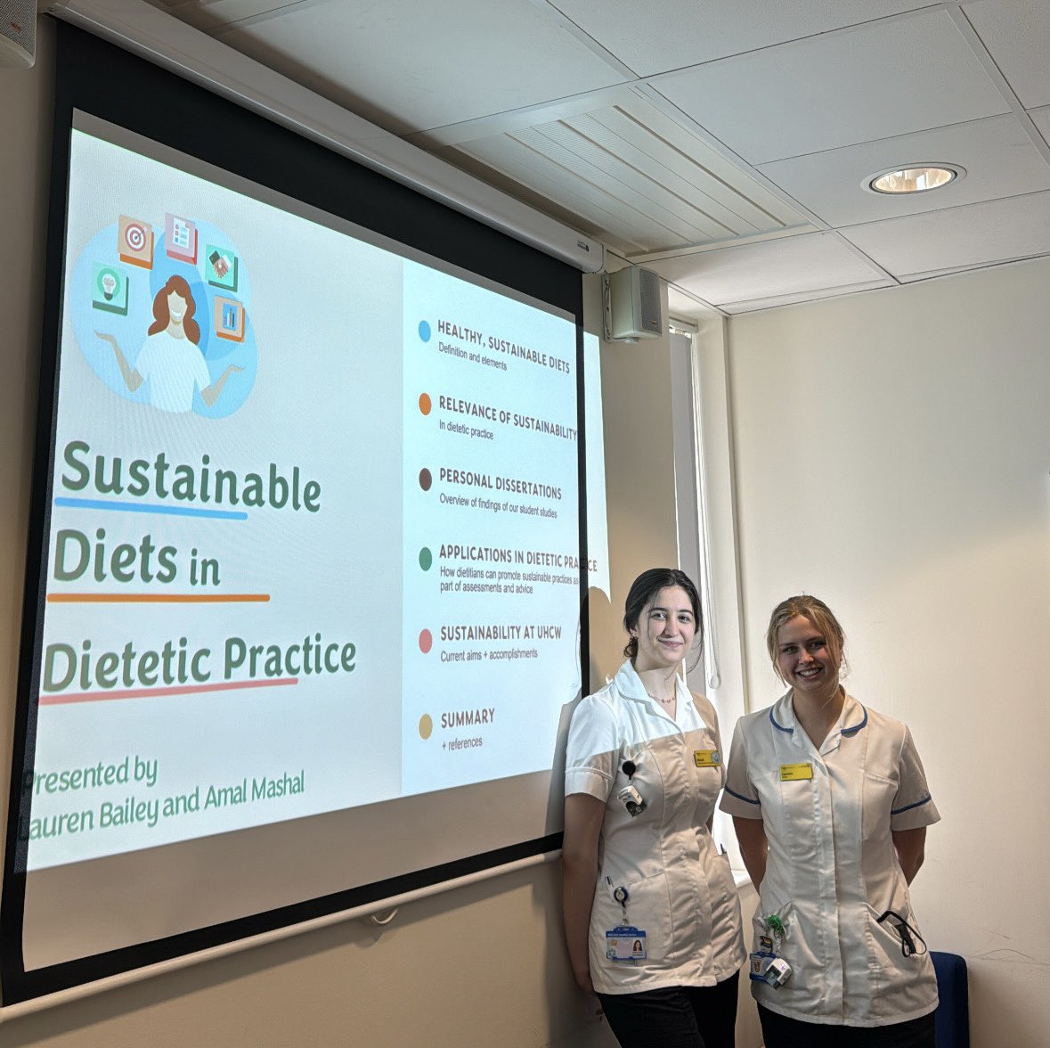 Well done to Lauren & Amal for presenting “Sustainable Diets in Dietetic Practice.” This CPD was insightful and gave us great ideas on how to improve our sustainable practice at UHCW! 👏🌱